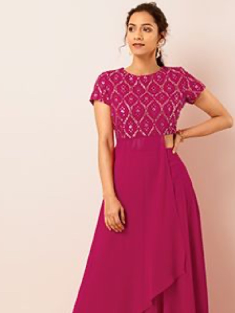 Fuchsia Embroidered Side Drape Top